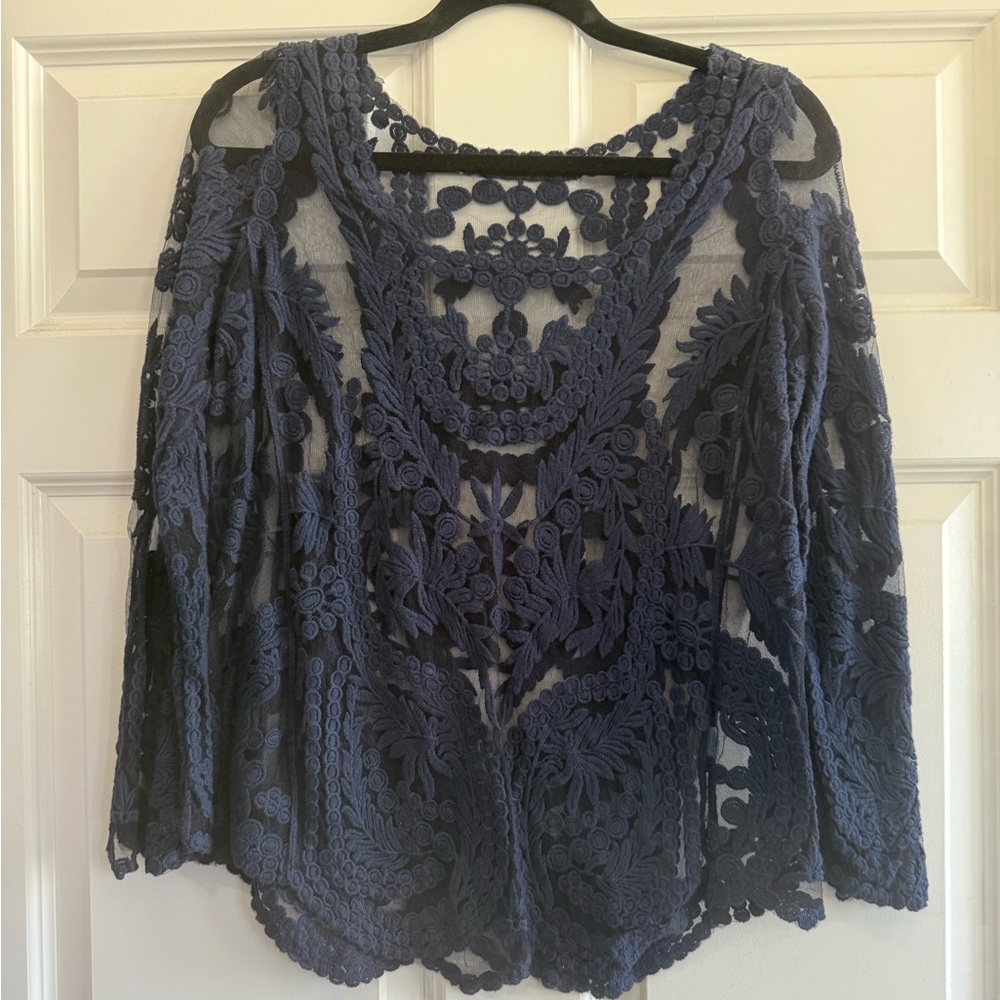Navy Blue Lace Overlay Top Size Medium